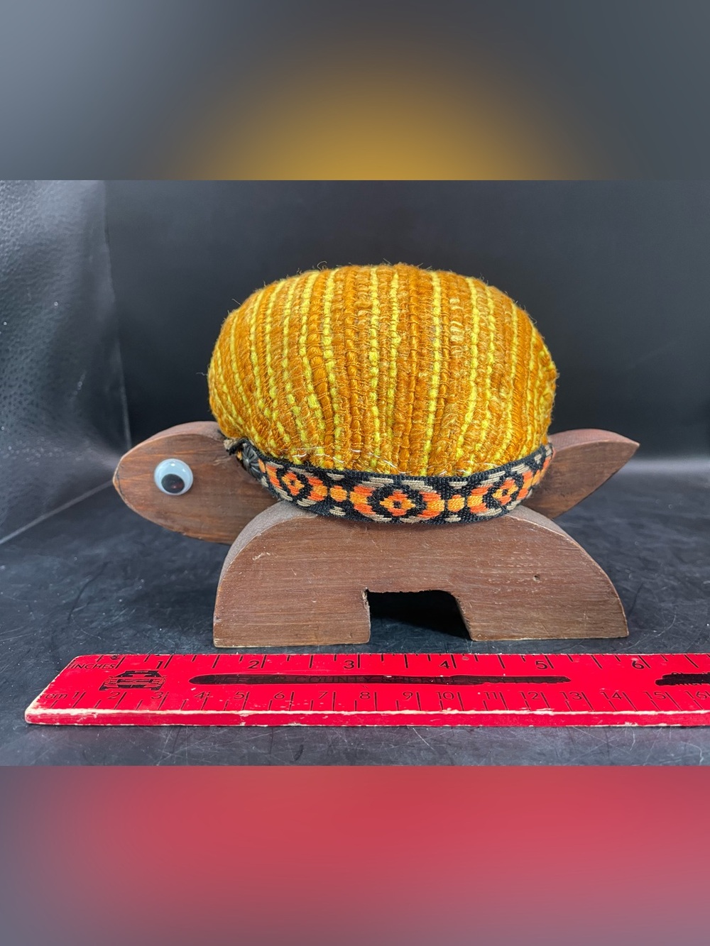 Vintage MCM RARE Wooden Tapestry Turtle Sewing Pin Cushion Googly Eyes 7" x 3.5"